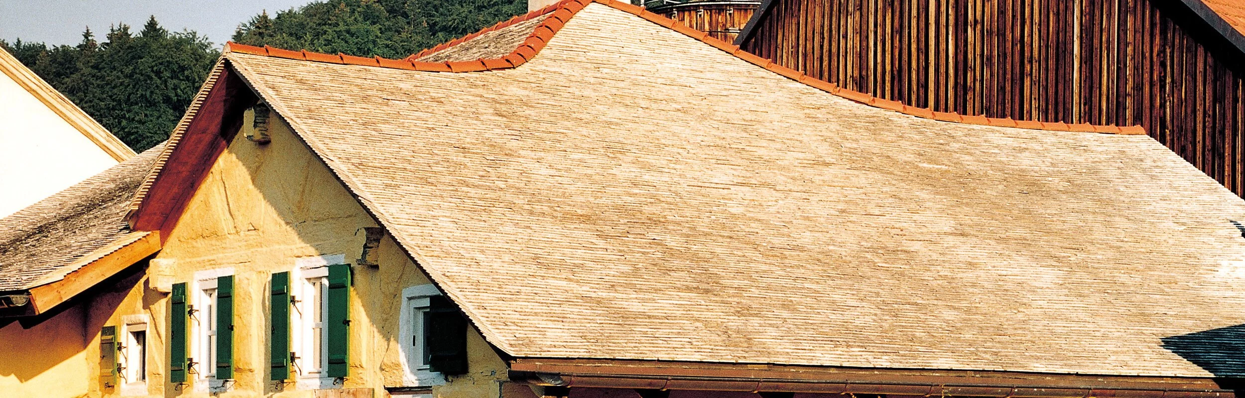 Ein typisches Jurahaus mit Schieferlegdach und grünen Fensterläden. Links vorne gehts in den Garten und rechts am Haus wurden zwei kleine Bäumchen gepflanzt.