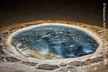 Ein großes rundes Wasserbecken, das mit hellblauem Wasser gefüllt ist.