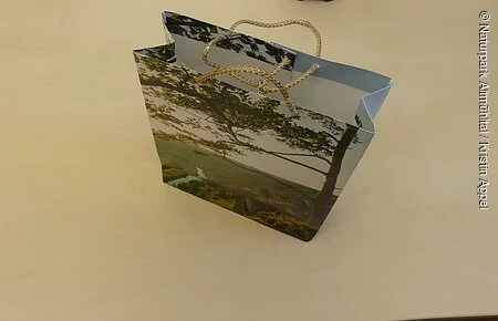 Geschenktüte aus Kalenderblättern Auf einem Tisch steht eine Geschenktüte, die aus alten Kalenderblätter gefaltet wurde.