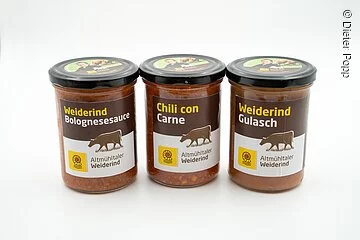 Produkte Altmühltaler Weiderind 3 Gläser mit Fleischinhalt (Gulasch, Chili con Carne und Sauce Bolognese)