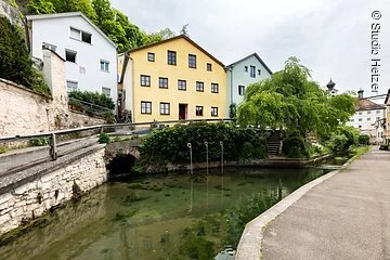 In der oberen Hälfte des Bildes befindet sich eine Häuserreihe mit verschiedenfarbigen Gebäuden. Unterhalb fließt Wasser aus einer Öffnung in einer Mauer, das sich in einem großen Becken sammelt. Dieses ist von einer Steinwand eingefasst, die von Büschen bewachsen ist. Das Becken mündet auf der rechten Bildseite in einen Bach.