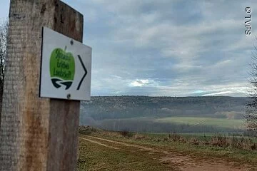 Blick auf einen grünen Berg in der herbstlicher Landschaft. Im linken Bildrand ein Holzposten mit einem Schild. Ein grüner Apfel auf weißem Grund mit der Aufschrift Streuobst Erlebnislandschaft.