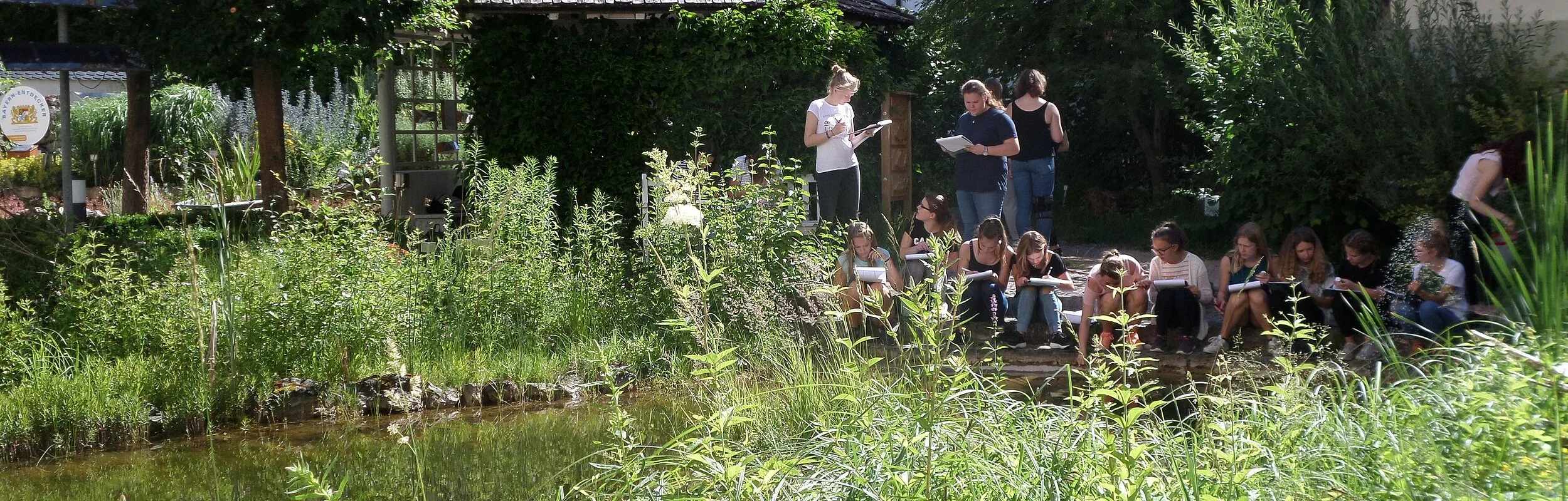 Schüler untersuchen die Wasserqualität im Biotopgarten
