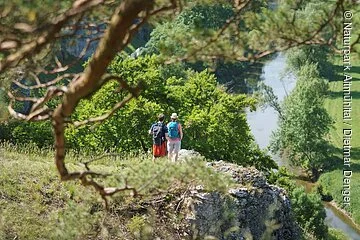 Ein Wanderpärchen mit Rucksäcken stehen am Rand und schauen ins Tal hinunter. Sie sind von Baumästen umgeben, die grüne Blätter tragen.