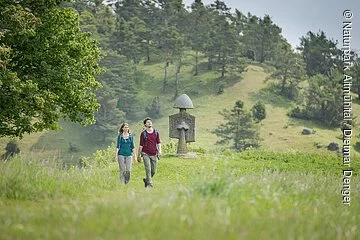 Ein Wanderpärchen wandert im Hessental. Sie sind umgeben von grünen Wiesen. Hinter ihnen ragt eine Figur des Figurenfeldes und Bäume am Hang entlang.