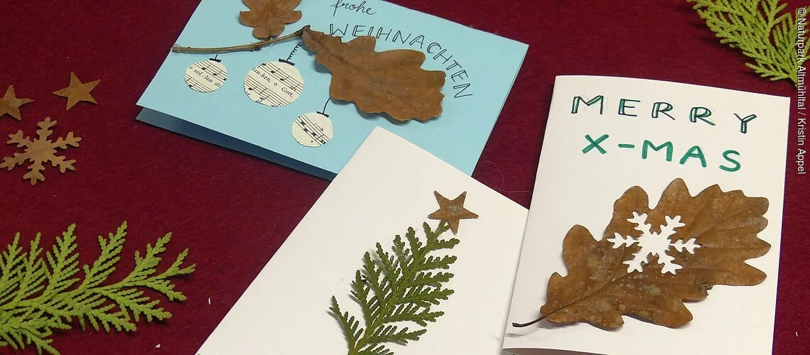 Weihnachtskarten mit Naturmaterialien Auf einem weinroten Untergrund liegen drei weihnachtlich dekorierte Klappkarten.