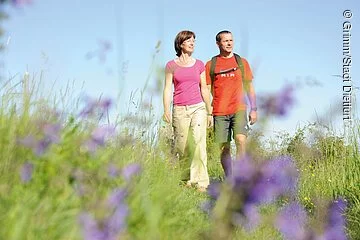 Wanderer auf blühender Wiese