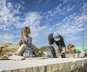 Fossiliensammeln im Steinbruch in Mühlheim Ein Mann mit zwei Kindern suchen im Steinbruch nach Fossilien. Das Mädchen löst vorsichtig Gesteinsplatten mit Hammer und Meißel. Der Junge mit dem Mann schauen sich ihre Funde an.