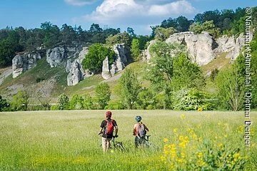 Zwei Radler haben auf dem Radweg angehalten und bestaunen die Felsformation 12 Apostel. Die Blumenwiesen entlang des Radweges strahlen in hellem grün.