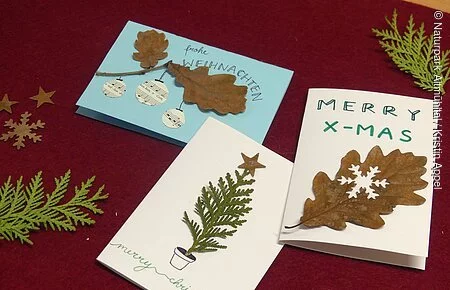 Weihnachtskarten mit Naturmaterialien Auf einem weinroten Untergrund liegen drei weihnachtlich dekorierte Klappkarten.