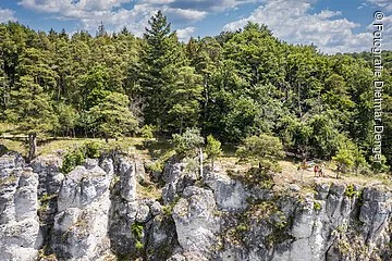 Frontaler Blick auf eine Felspartie der Arnberger Leite auf der eine Familie steht. Im Hintergrund grüner, sommerlicher Wald und blauer Himmel mit weißen Wolken.