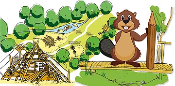 Biber hält einen Bleistift, rechts ist eine Biberburg als Spielgerät zum Klettern dargestellt.