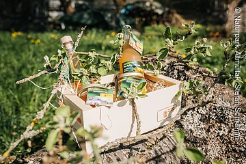 Holzkiste mit Bio-Produkten, darunter Apfelsaft, Honig und Likör, auf einem Baumstamm im Freien platziert.