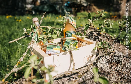 Holzkiste mit Bio-Produkten, darunter Apfelsaft, Honig und Likör, auf einem Baumstamm im Freien platziert.