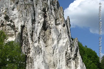 Felsformation mit steiler weiß-grauer Oberfläche, davor Wiese, Bäume und Verkehrsschilder bei blauem Himmel.