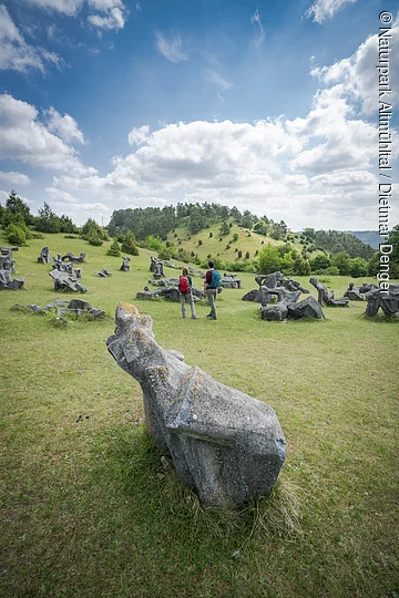 Zwei Personen mit Rucksäcken stehen auf einer Wiese mit verstreuten großen Steinfiguren unter bewölktem Himmel.