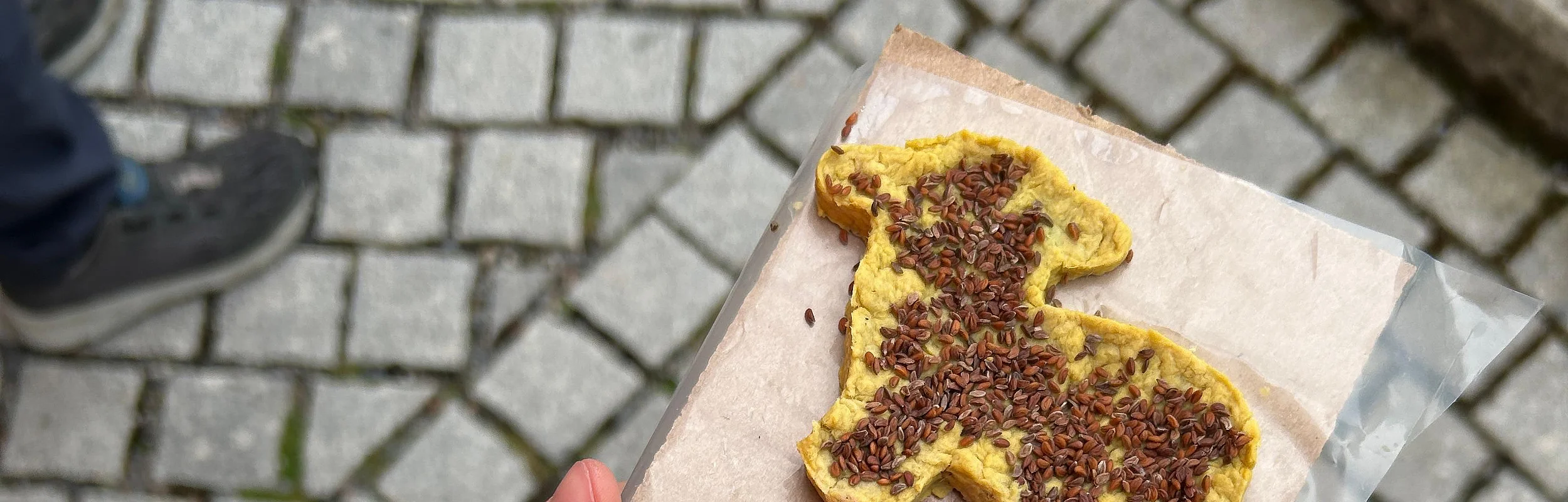 Kind hält braunes Papier mit gelbem und lila Samenbild in Schmetterlings- und Schafform vor gepflastertem Boden.