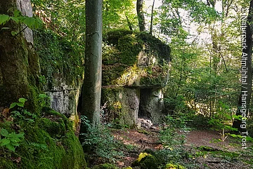 Blick auf das "Zigeunerloch" eine Höhlen- und Felsformation bei Wellheim