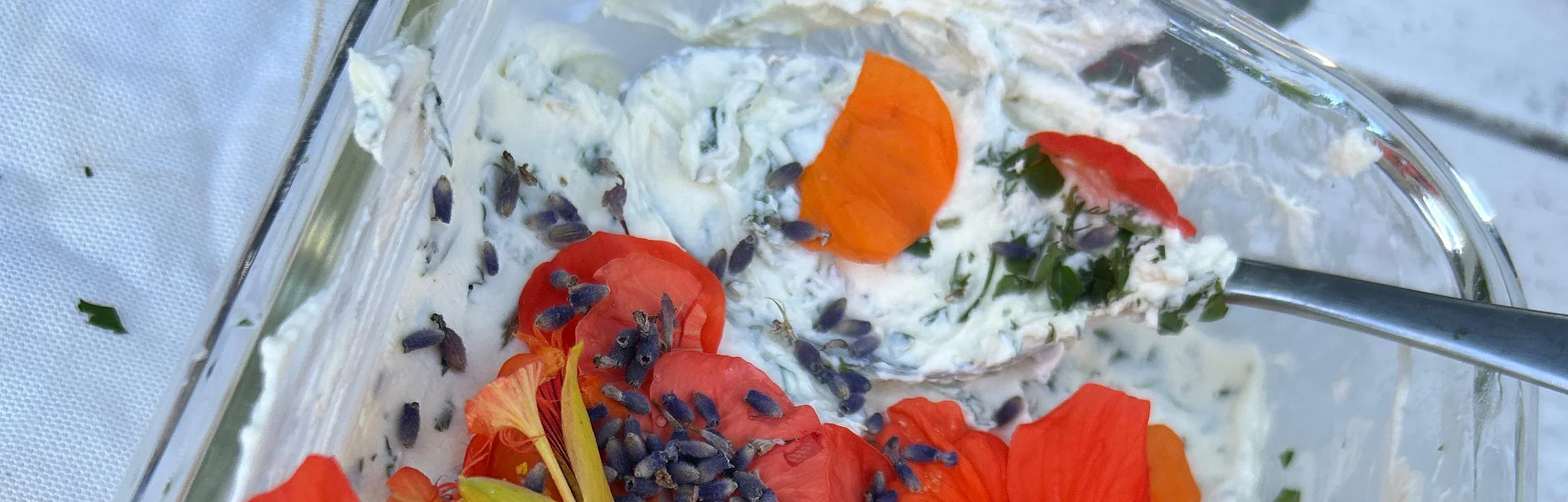 Glasbehälter mit weißem Frischkäse, roten Blütenblättern und kleinen lila Samen auf weißer Oberfläche