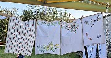 Bedruckte Geschirrtücher Vier weiße Tücher mit Pflanzenmustern hängen an einer Wäscheleine im Garten.