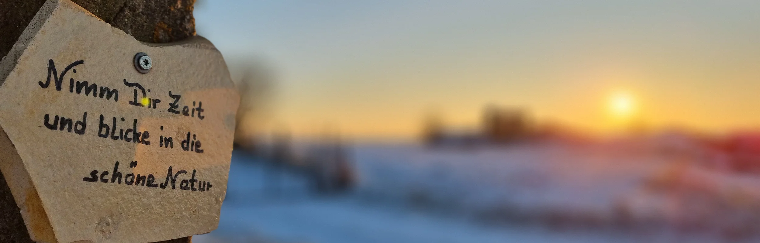 Schild mit der Aufschrift „Nimm Dir Zeit und blicke in die schöne Natur“ an einem Baum im Winter bei Sonnenuntergang.