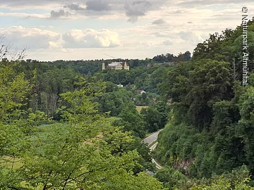 Blick auf Schloss Hexenagger Blick auf bewaldete Hügel mit einer Straße und einem Schloss Hexenagger im Hintergrund unter bewölktem Himmel.