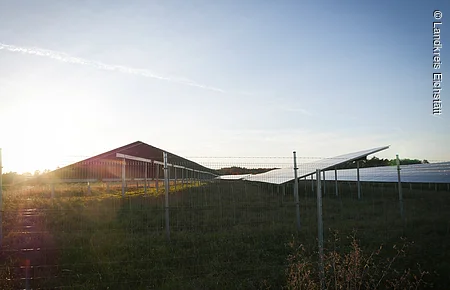 Solarpanel-Feld hinter einem Drahtzaun bei Sonnenaufgang oder Sonnenuntergang unter klarem Himmel