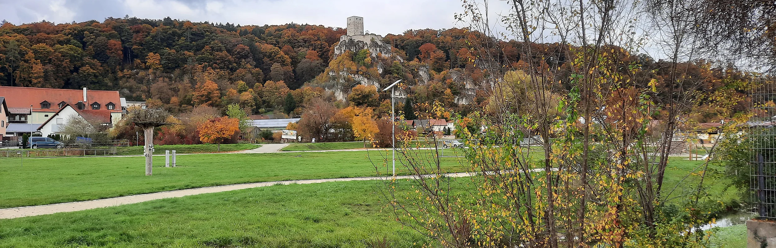 Grüne Wiese mit kleinem Bach, herbstliche Bäume und Burg auf bewaldetem Hügel im Hintergrund unter bewölktem Himmel.